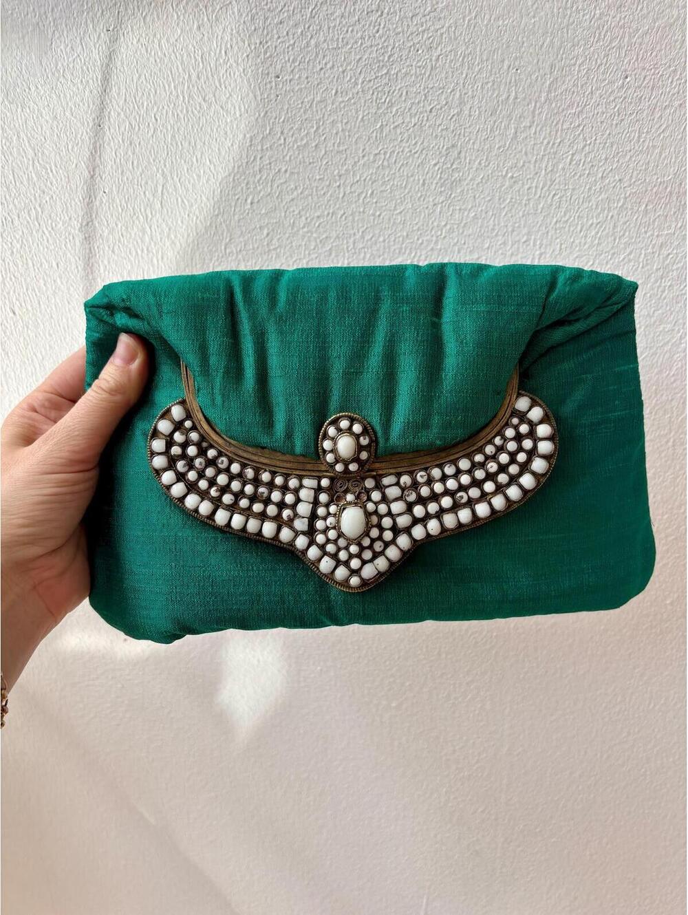 Vintage 1940s Emerald Silk Stone Embellished Evening Bag Clutch